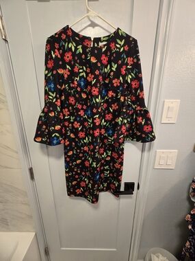 Calvin Klein Black Floral Bell Sleeve Dress with Red & Blue Flowers